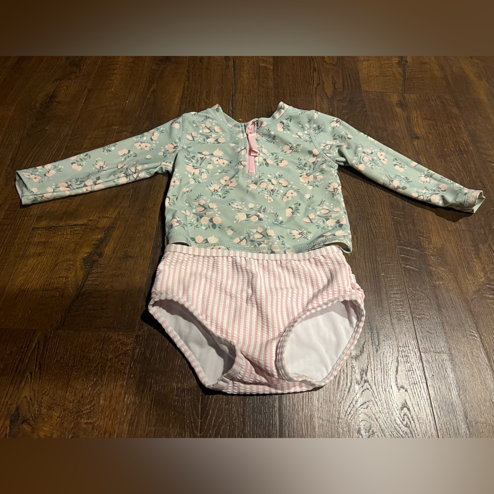 Ruffle butts Floral Long Sleeve Swimsuit with Striped Bottoms